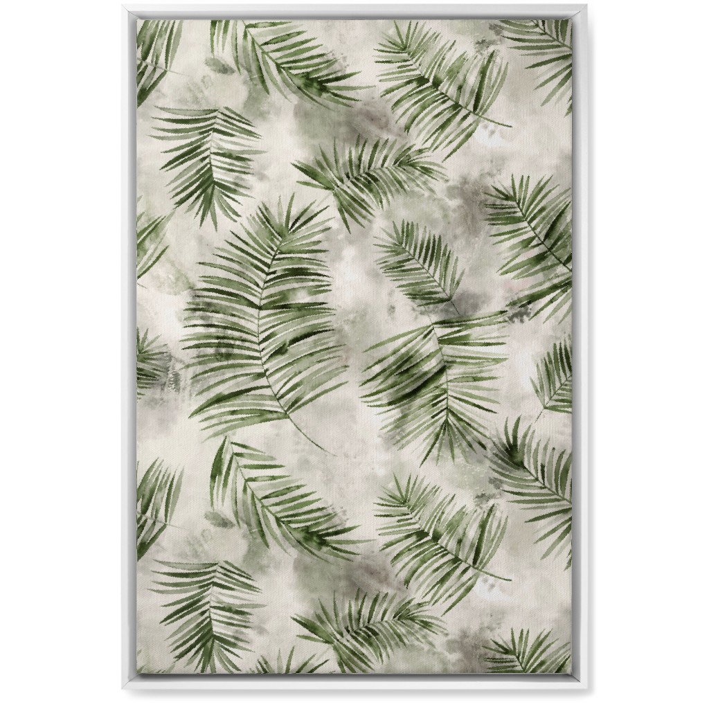 Watercolor Botanical Palms - Green on Beige Wall Art, White, Single piece, Canvas, 20x30, Green