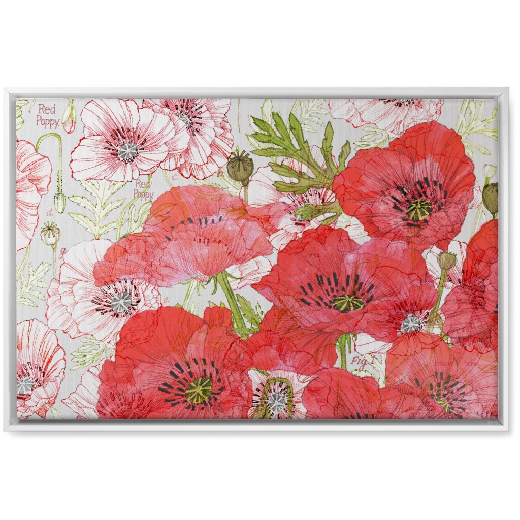 Poppies Romance - Red Wall Art, White, Single piece, Canvas, 20x30, Red, Red