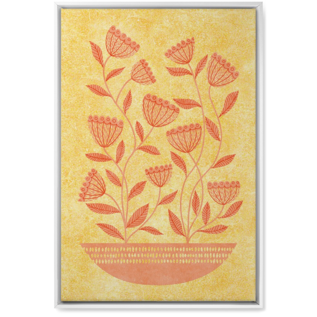 Mid Century Modern Orange Floral on Yellow Wall Art, White, Single piece, Canvas, 20x30, Orange