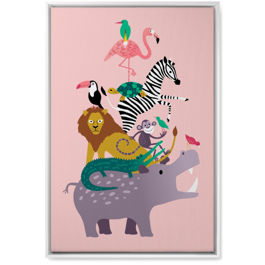 Wild Animal Tower - Pink Wall Art, White, Single piece, Canvas, 20x30, Multicolor