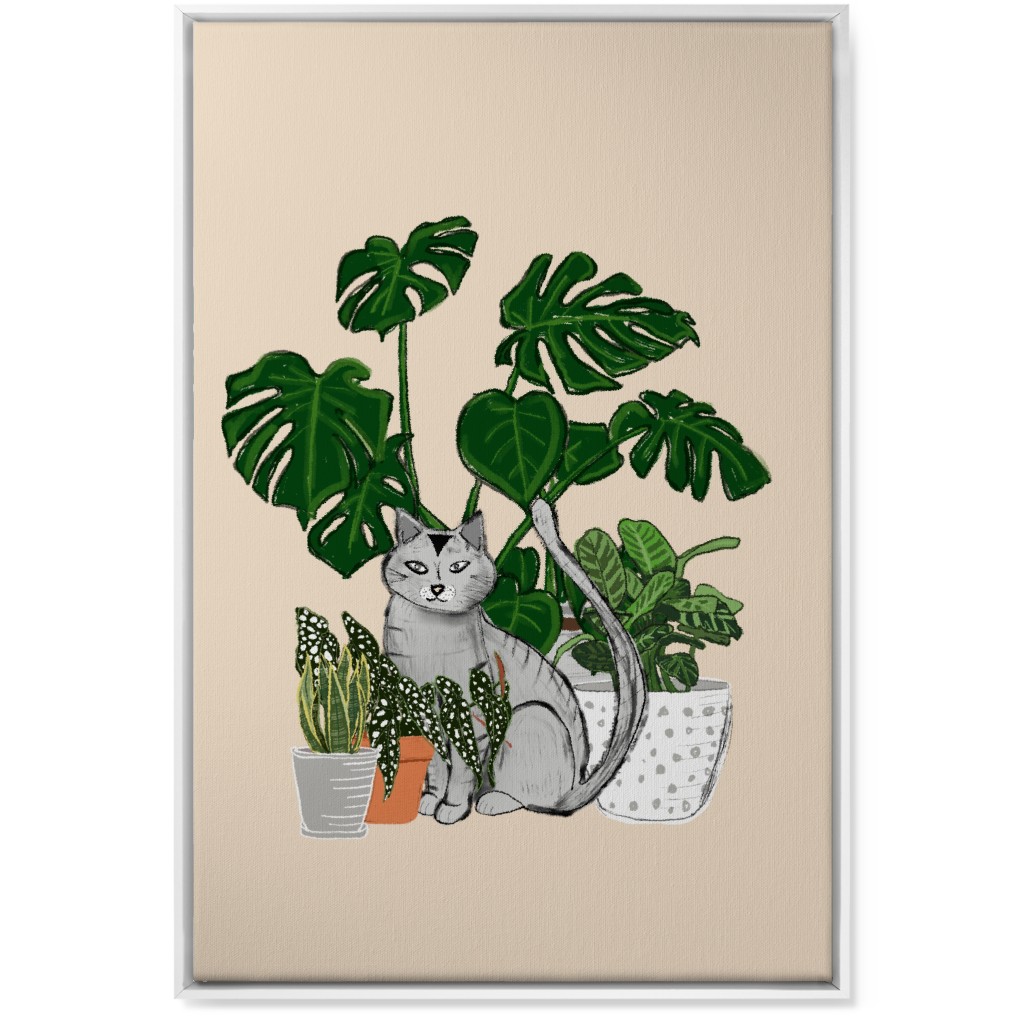 Indoor Garden Cat Wall Art, White, Single piece, Canvas, 24x36, Multicolor, Sand