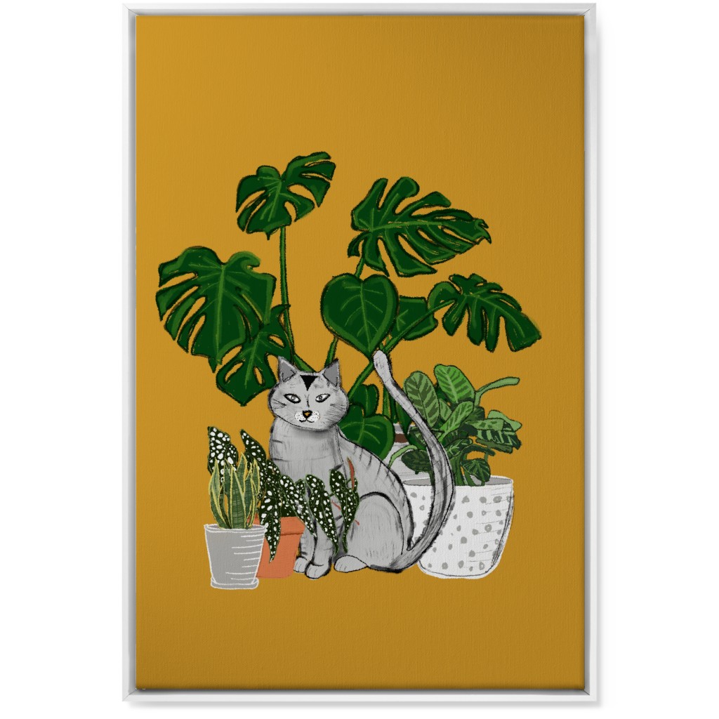 Indoor Garden Cat Wall Art, White, Single piece, Canvas, 24x36, Orange, Golden