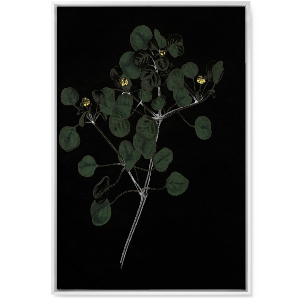 Midnight Botanical Sprig With Leaves - Black and Green Wall Art, White, Single piece, Canvas, 24x36, Black, Black