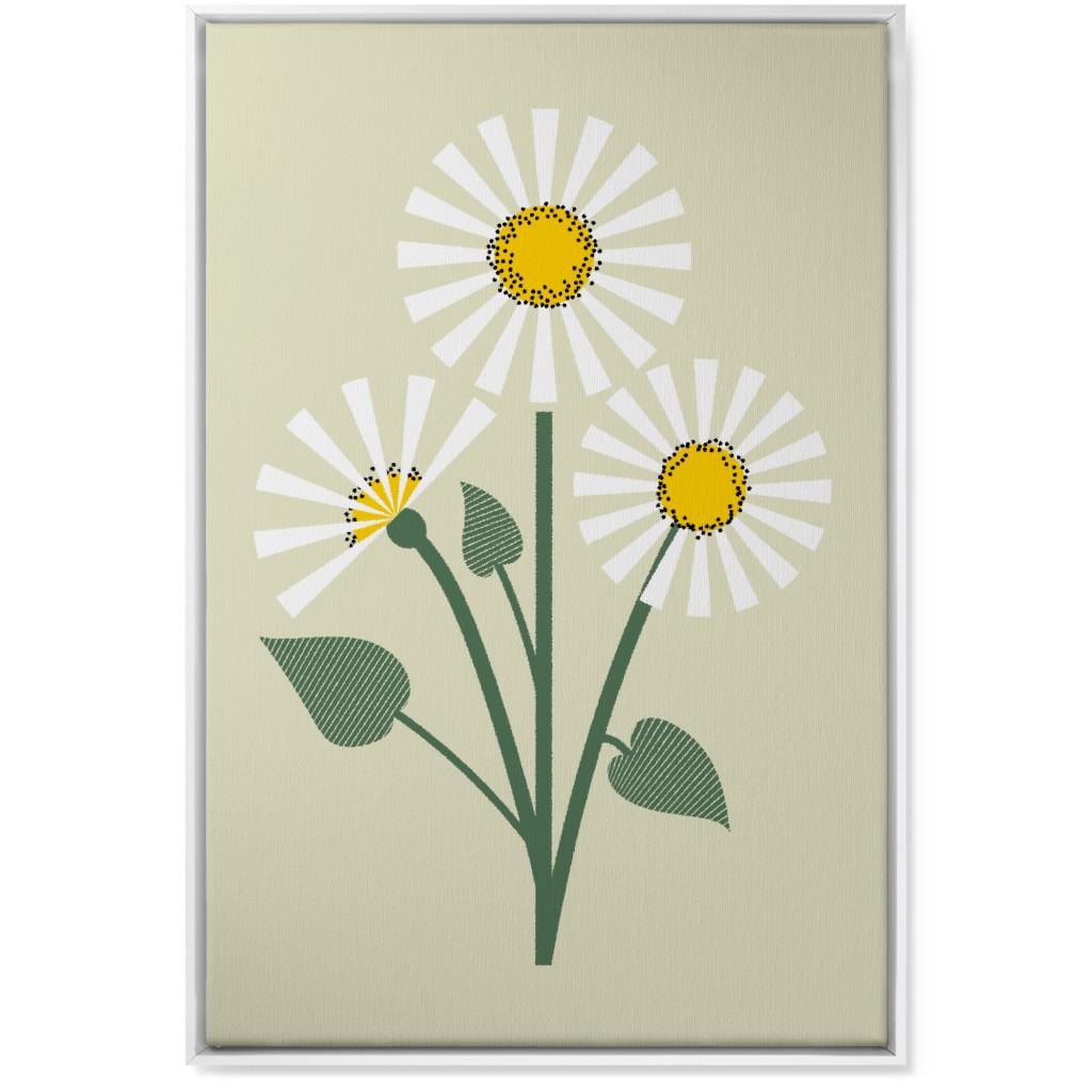 Abstract Daisy Flower - White on Beige Wall Art, White, Single piece, Canvas, 24x36, Green, Classic Green
