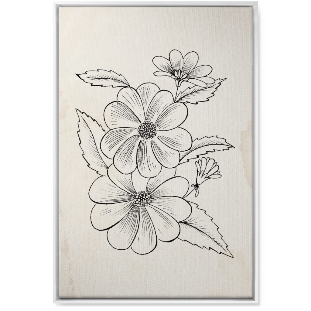 Vintage Flower Sketch - Beige and Black Wall Art, White, Single piece, Canvas, 24x36, Beige