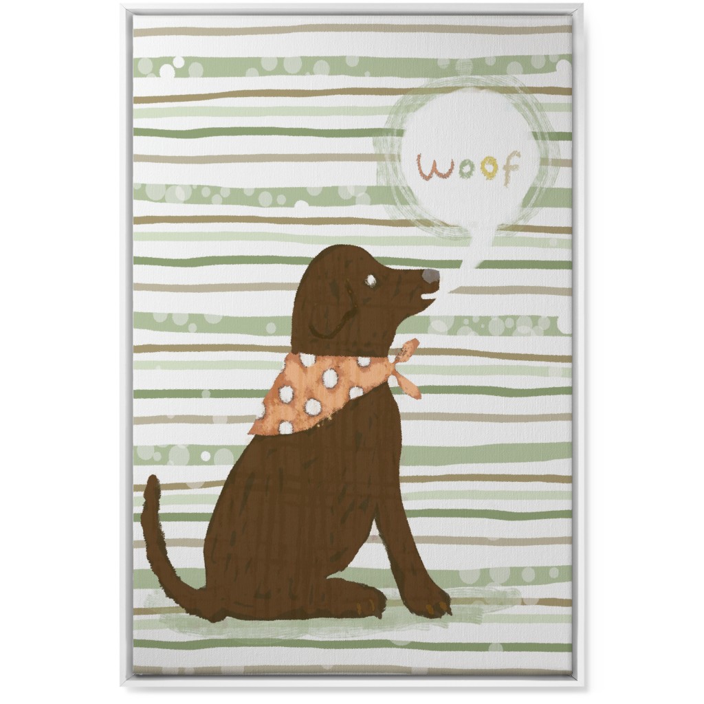 Woof, Dog - Brown and Green Wall Art, White, Single piece, Canvas, 24x36, Green, Classic Green