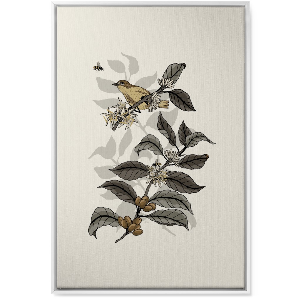 Coffee Plant, Bird, and Bee - Neutral Wall Art, White, Single piece, Canvas, 24x36, Beige