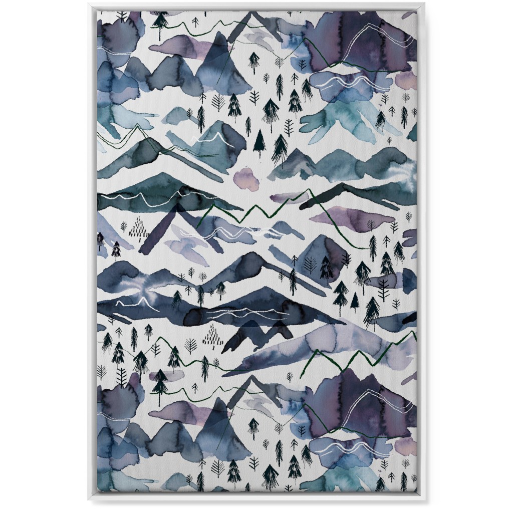 Watercolor Mountains - Blue on White Wall Art, White, Single piece, Canvas, 24x36, Blue, True Blue