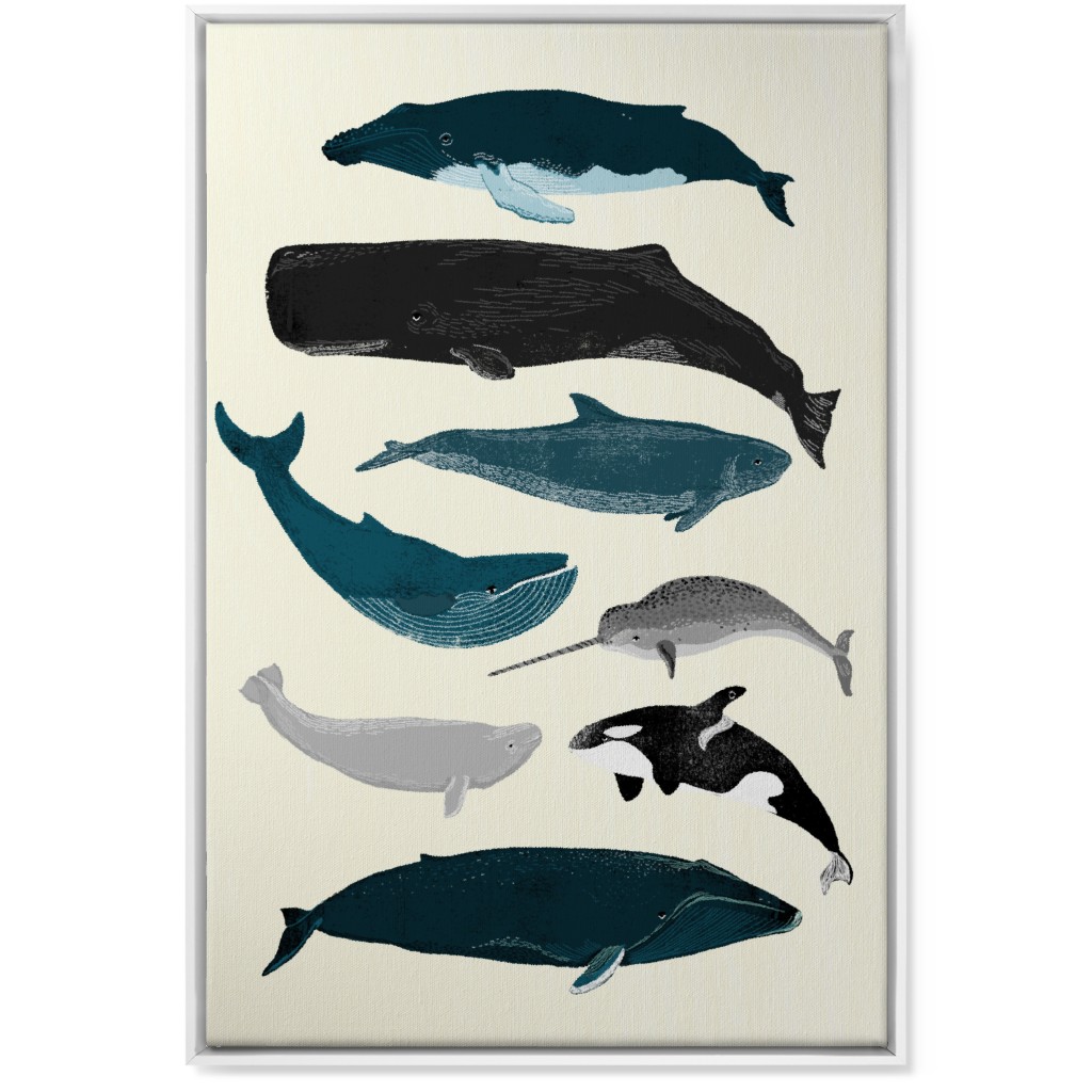 Ocean Whales on White Wall Art, White, Single piece, Canvas, 24x36, Blue