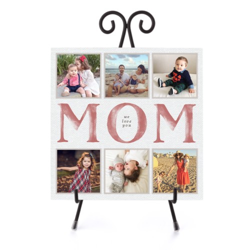 Mom Faded Letters Collage Ceramic Tile, glossy, 8x8, Pink