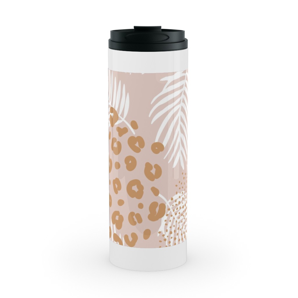 Palm Leaves and Animal Panther Spots - Beige Stainless Mug, White,  , 16oz, Pink