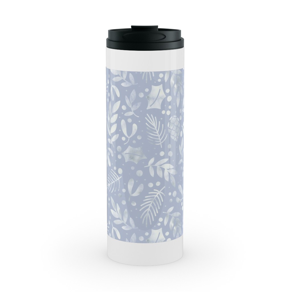 Frozen Winter Florals - Silver Stainless Mug, White,  , 16oz, Blue