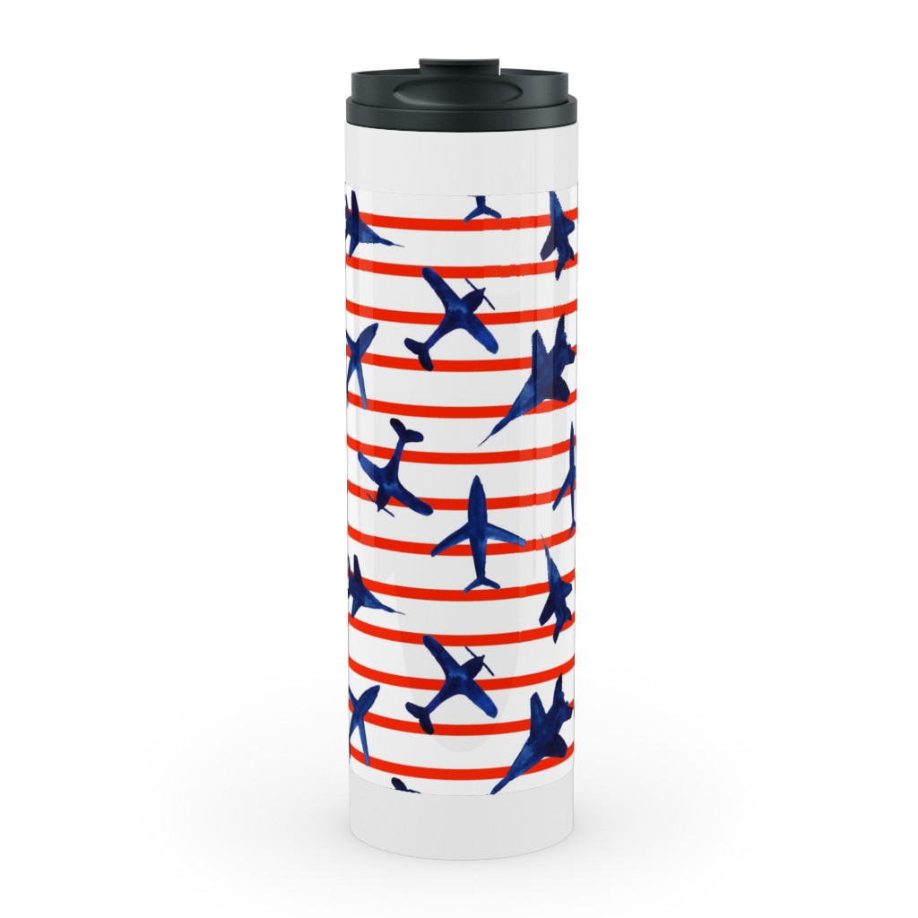 Patriotic Airplanes Watercolor - Blue With Red Stripes Stainless Mug, White,  , 20oz, Blue