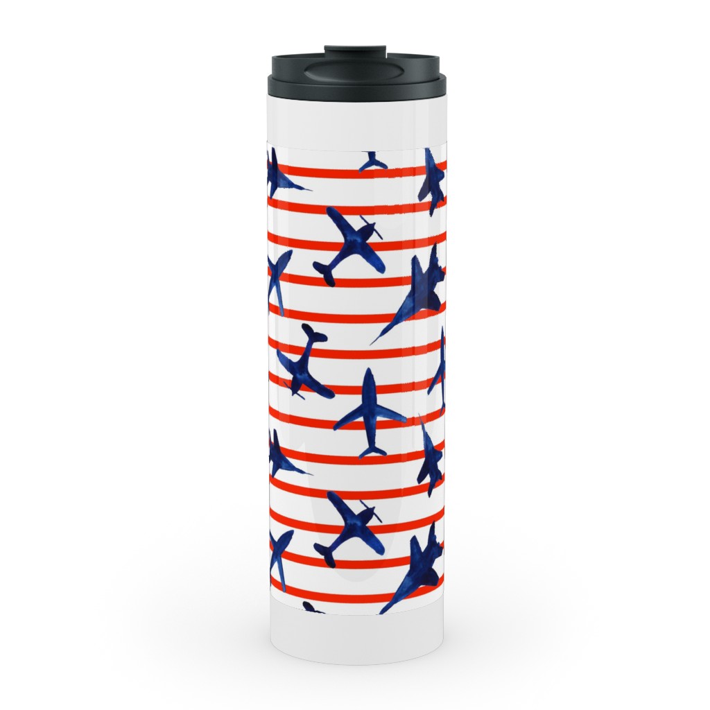 Patriotic Airplanes Watercolor - Blue With Red Stripes Stainless Mug, White, , 20oz, Blue, True Blue