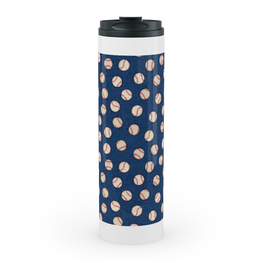 Baseball Balls on Blue Linen Stainless Mug, White, , 20oz, Blue, True Blue