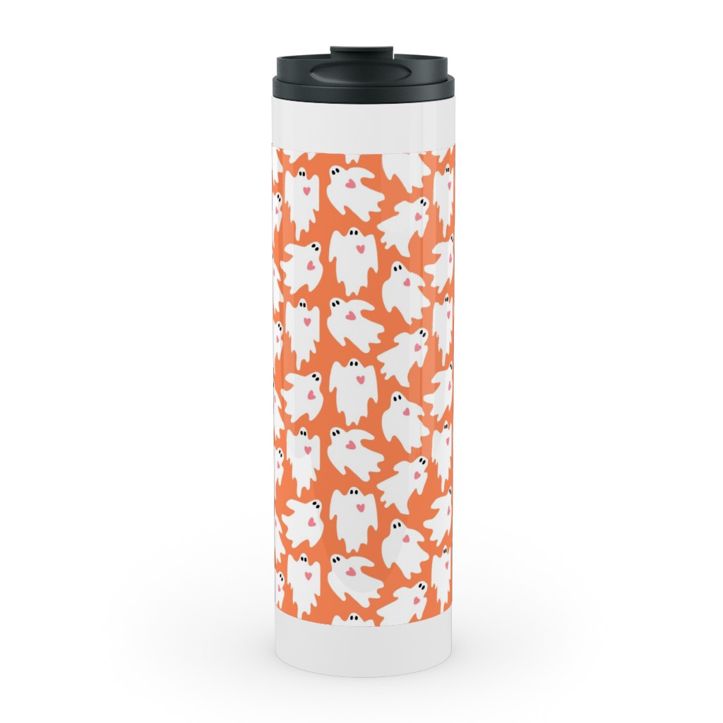 Halloween Ghosts With Hearts on Black Stainless Mug, White,  , 20oz, Orange