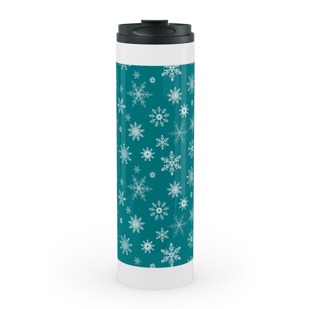 Snowflakes on Emerald Stainless Mug, White, , 20oz, Green, Classic Green