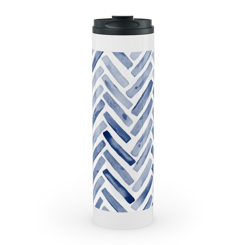 Painted Chevron Herringbone Stainless Mug, White,  , 20oz, Blue