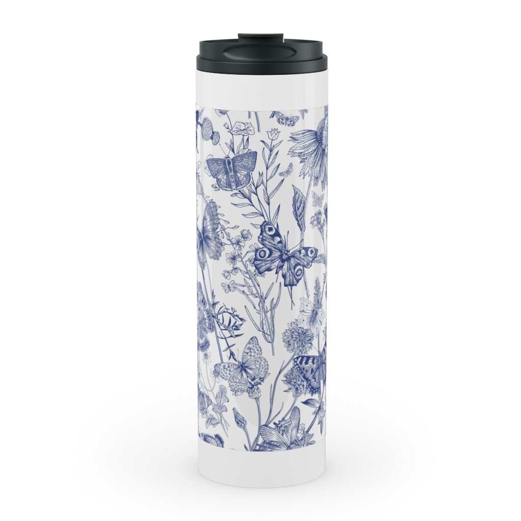 Butterflies and Wild Flowers Stainless Mug, White, , 20oz, Blue, True Blue