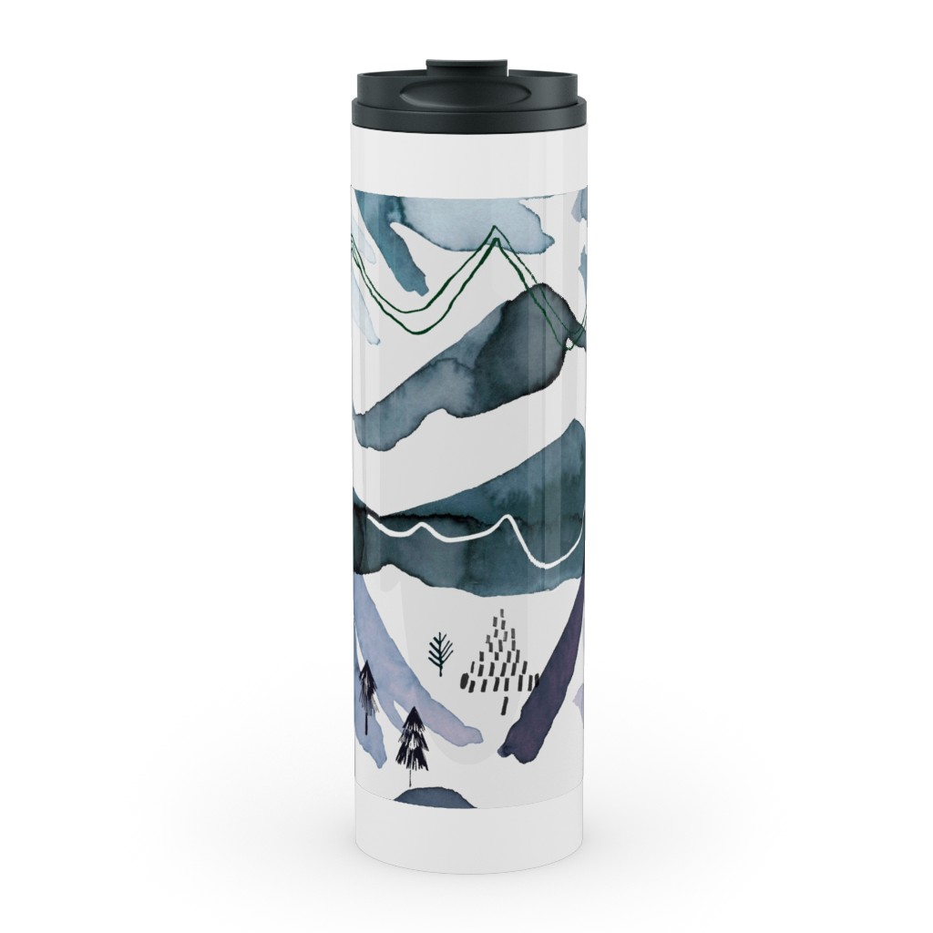 Watercolor Mountains Landscape - Blue Stainless Mug, White,  , 20oz, Blue