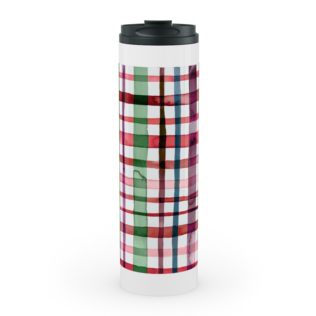 Watercolor Gingham - Red and Green Stainless Mug, White, , 20oz, Multicolor