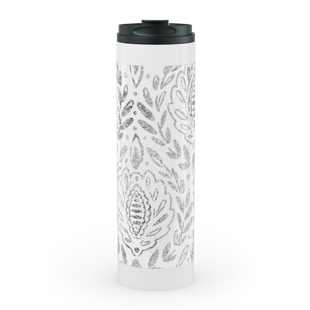 Distressed Damask Leaves - Grey Stainless Mug, White,  , 20oz, Gray