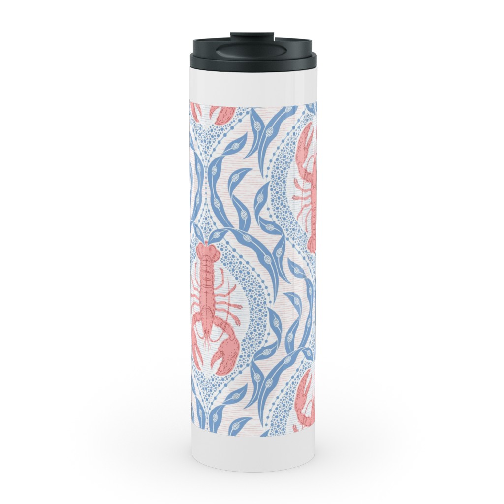 Lobster and Seaweed Nautical Damask - White, Coral Pink and Cornflower Blue Stainless Mug, White, , 20oz, Blue, True Blue