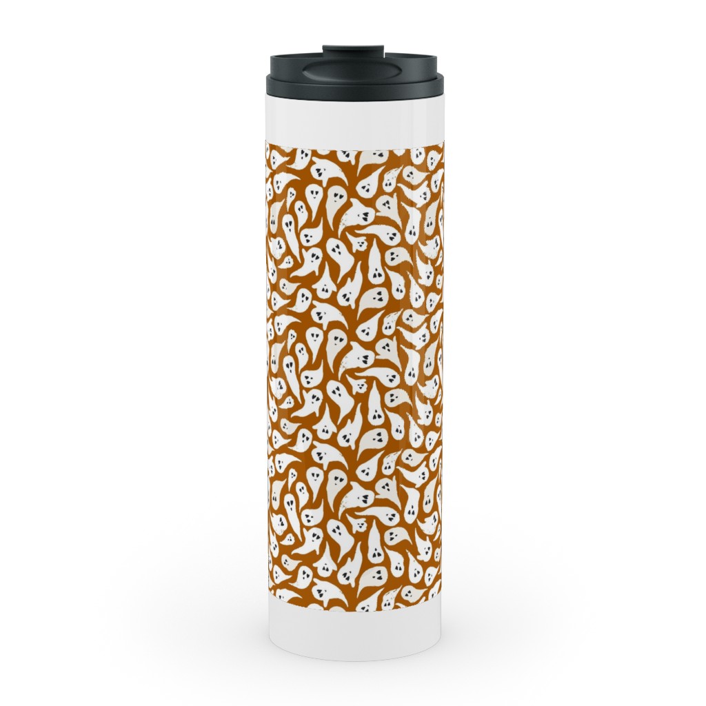 Halloween Ghosts on Dark Burnt Orange Stainless Mug, White,  , 20oz, Orange