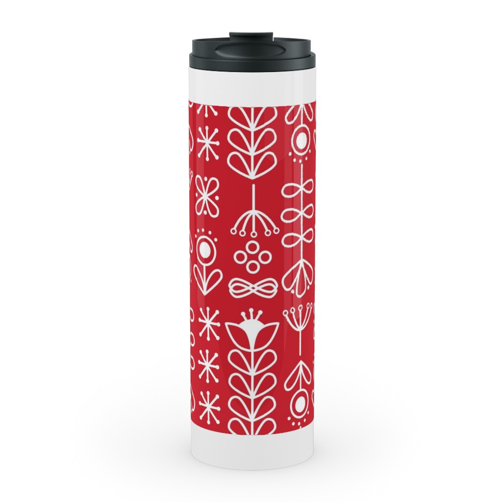 Red and White Nordic Mod Floral Stainless Mug, White,  , 20oz, Red
