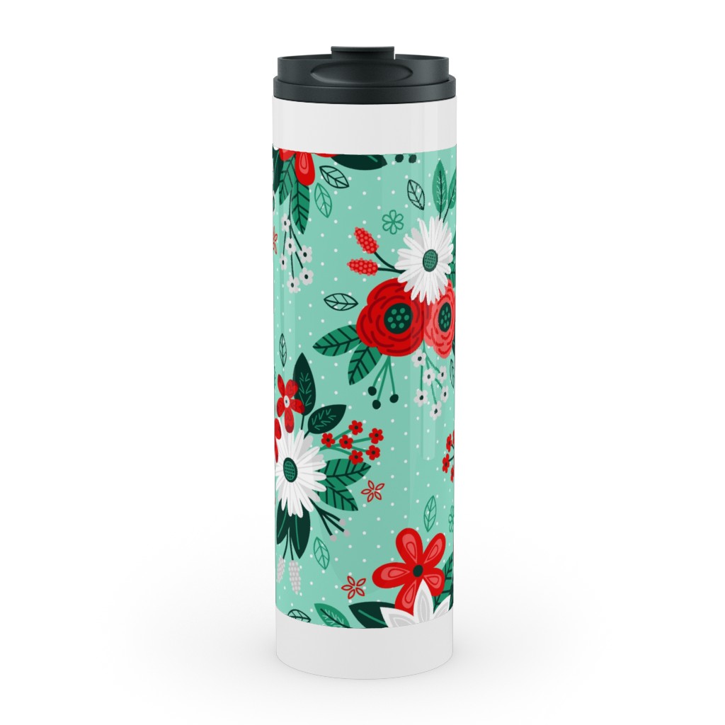 Holiday Floral Bouquet Stainless Mug, White,  , 20oz, Green