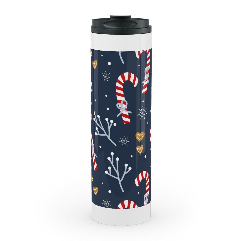 Candy Canes and Gingerbread Hearts Stainless Mug, White,  , 20oz, Blue