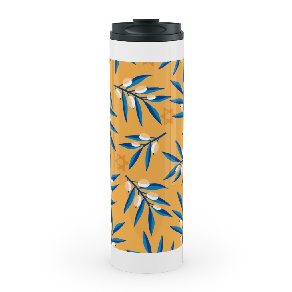 Olive Branches Hanukkah - Blue on Yellow Stainless Mug, White,  , 20oz, Yellow