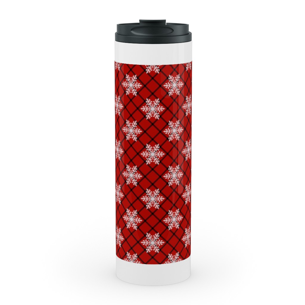 Snowy Winter Diagonal Checker Plaid - Red and Black Stainless Mug, White,  , 20oz, Red