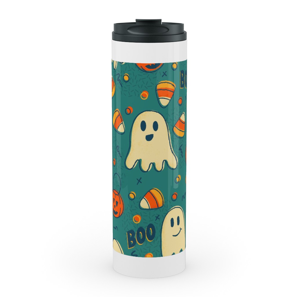 Candy Corn and Ghosts - Green Stainless Mug, White,  , 20oz, Multicolor