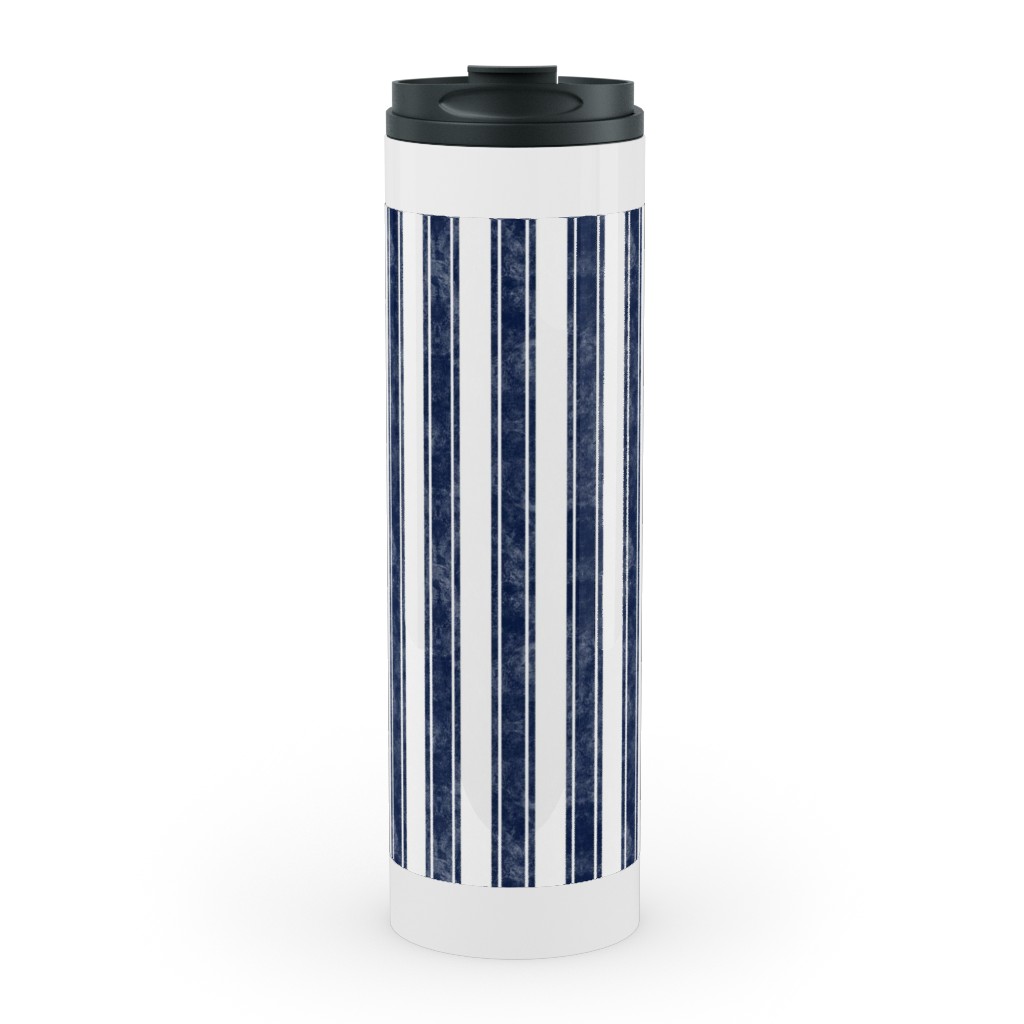 Vertical French Ticking Textured Pinstripes in Dark Midnight Navy and White Stainless Mug, White,  , 20oz, Blue