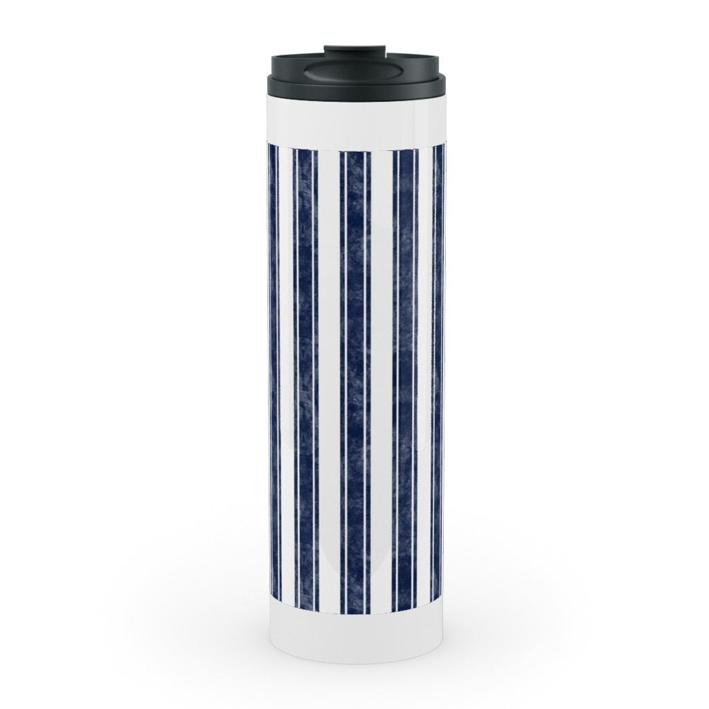 Vertical French Ticking Textured Pinstripes in Dark Midnight Navy and White Stainless Mug, White, , 20oz, Blue, True Blue