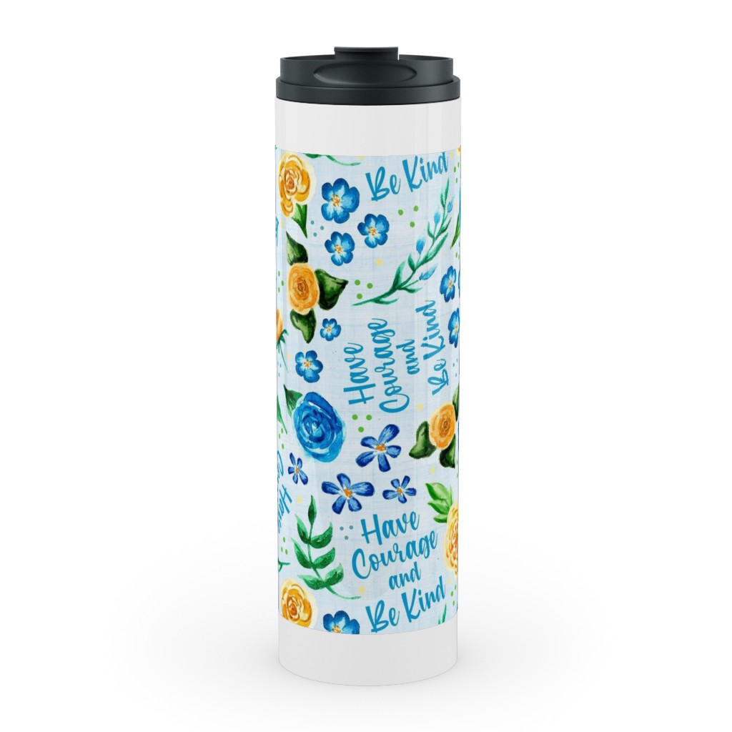 Have Courage and Be Kind - Watercolor Floral - Blue and Yellow Stainless Mug, White,  , 20oz, Blue
