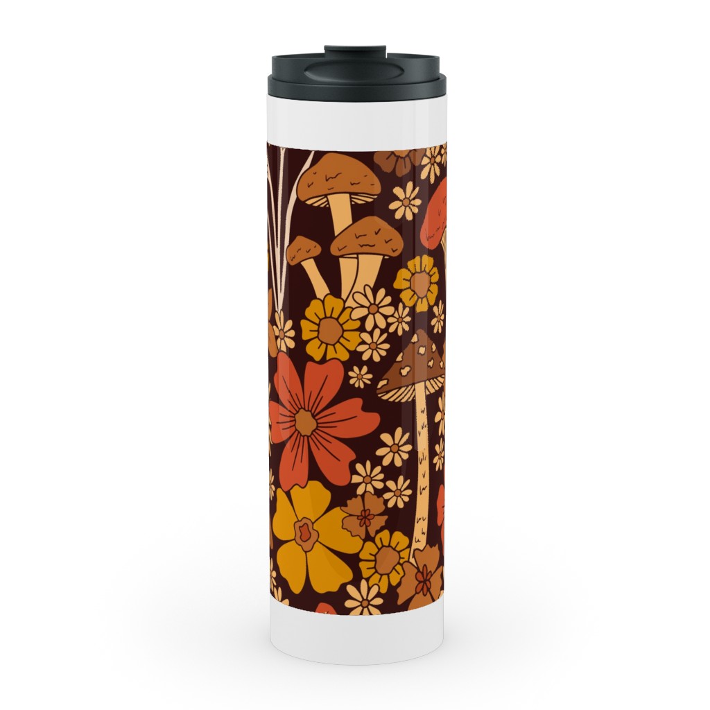 Retro 1970s Mushroom & Flowers - Brown and Orange Stainless Mug, White, , 20oz, Orange, Orange