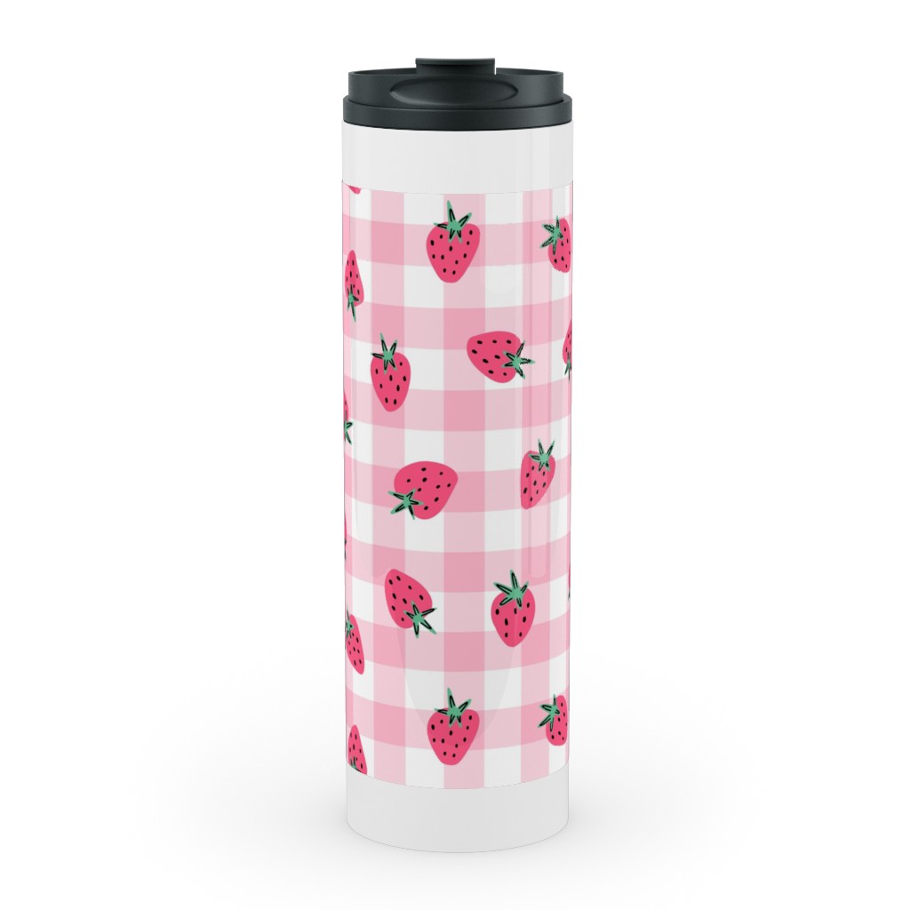 Summer Strawberry Gingham - Pink Stainless Mug, White,  , 20oz, Pink