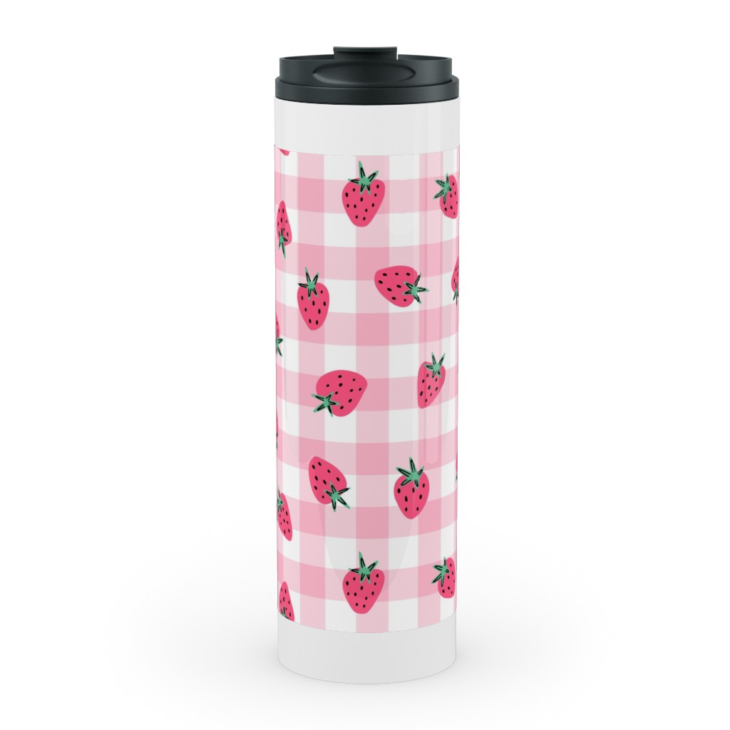 Summer Strawberry Gingham - Pink Stainless Mug, White, , 20oz, Pink, Bright Pink