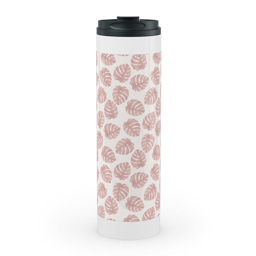 Boho Monstera Leaf - Light Pink on Off White Stainless Mug, White,  , 20oz, Pink