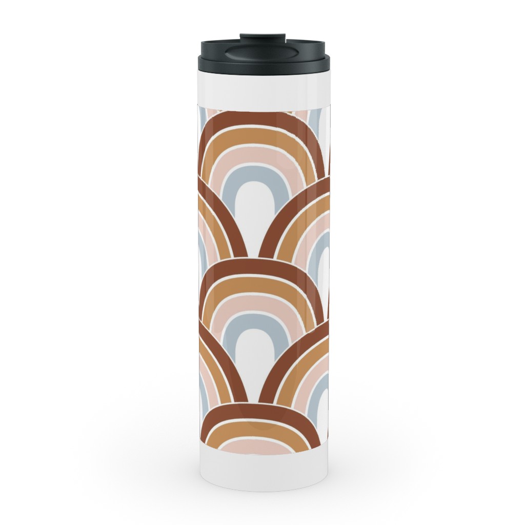 Retro Rainbow Waves - Scales and Curves - Rust Beige Blush Blue on White Stainless Mug, White, , 20oz, Orange, Orange