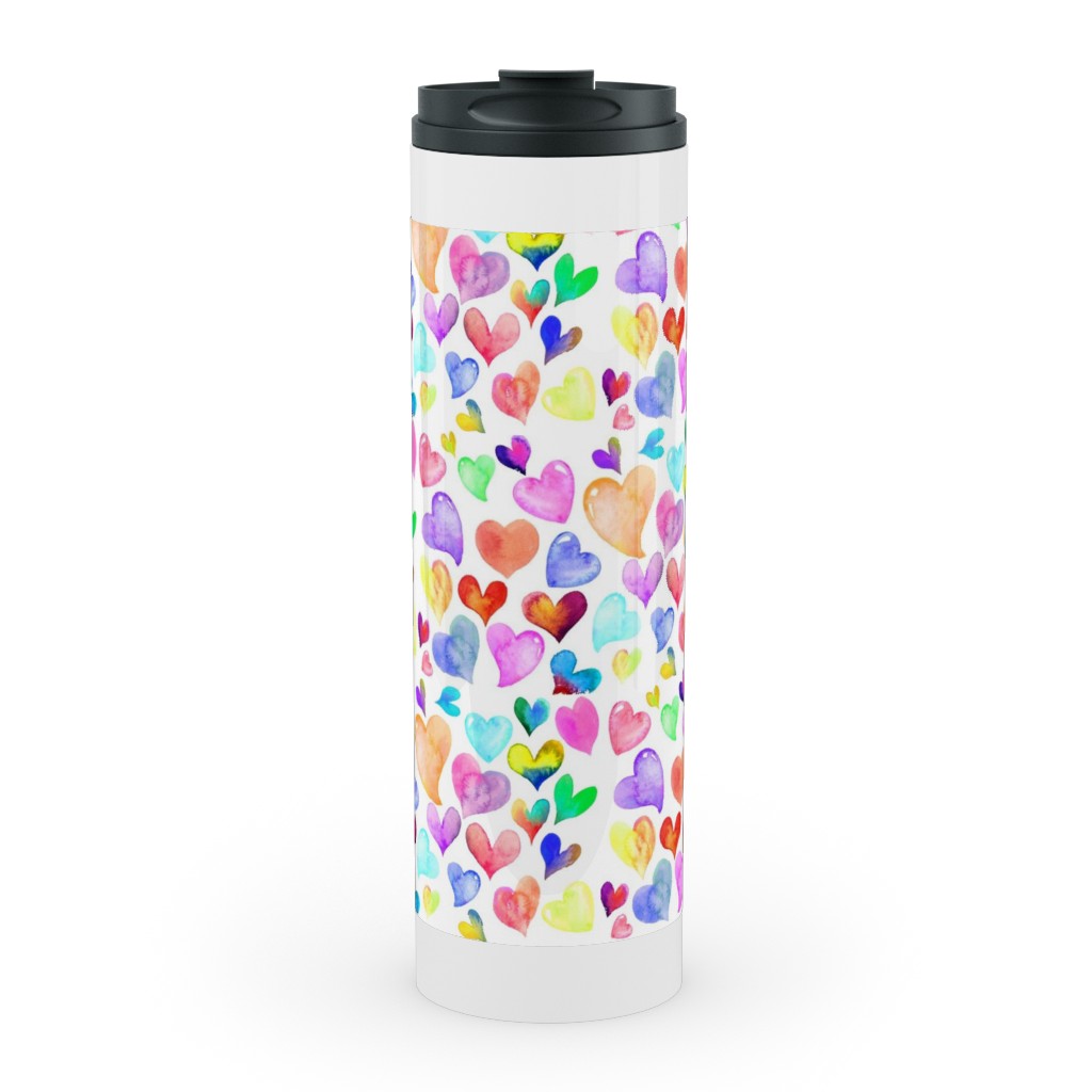 Colorful Watercolor Hearts - Multi on White Stainless Mug, White, , 20oz, Multicolor