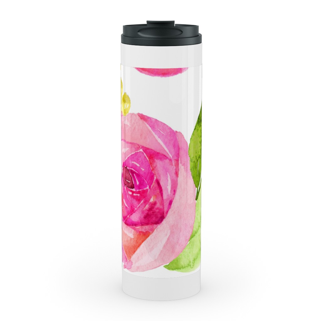 Spring Peonies, Roses, and Poppies - Watercolor Stainless Mug, White, , 20oz, Pink, Bright Pink