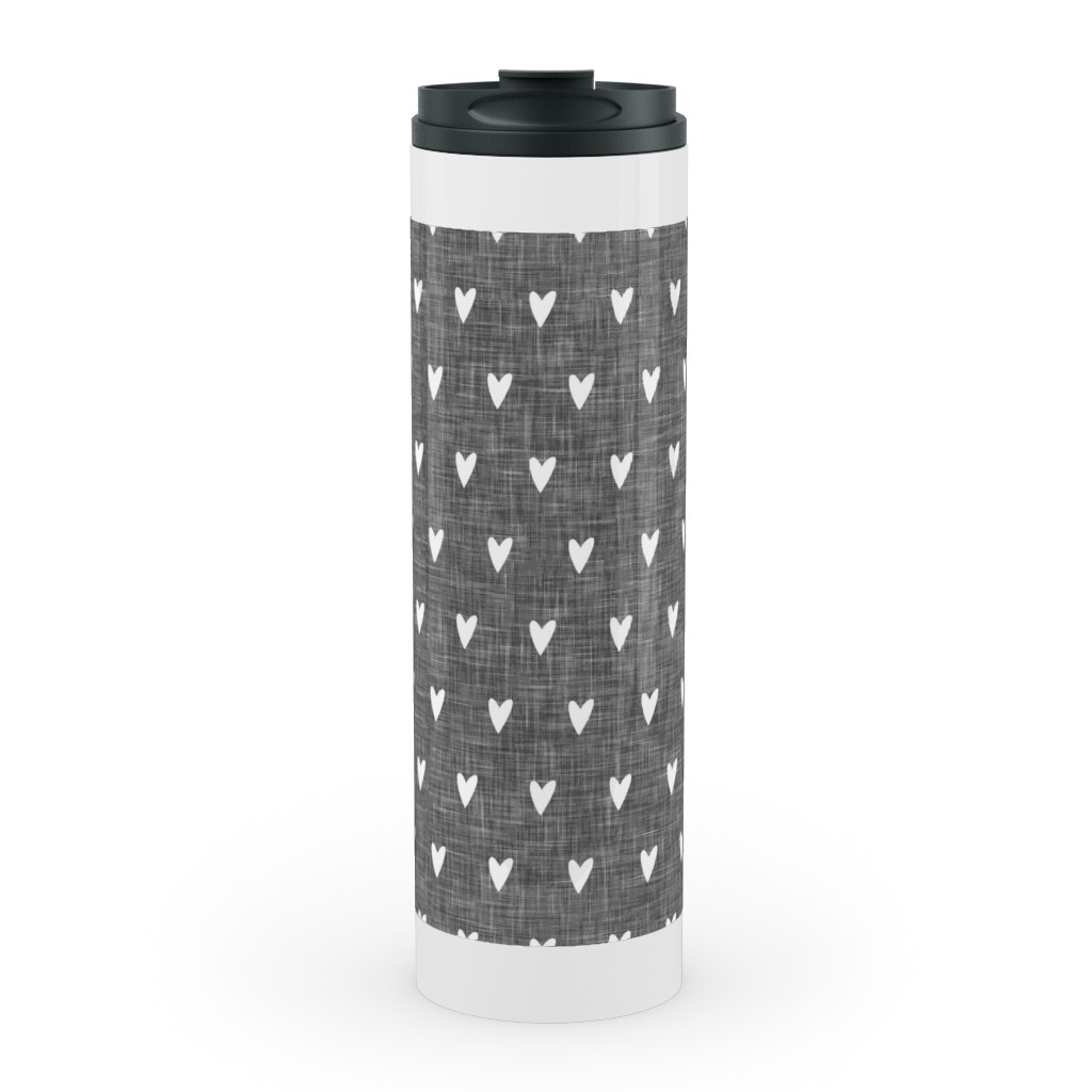 Hearts on Grey Linen Stainless Mug, White,  , 20oz, Gray