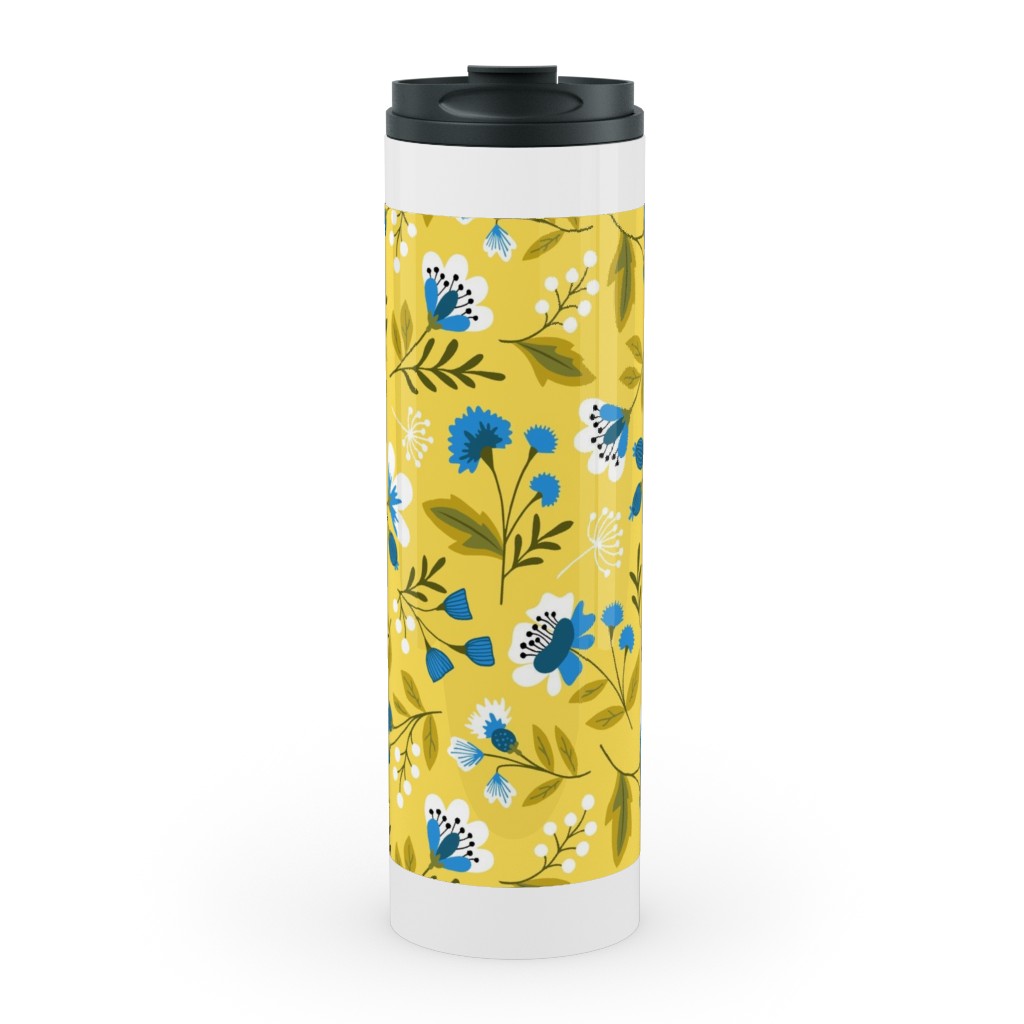 Colorful Spring Flowers - Blue on Yellow Stainless Mug, White,  , 20oz, Yellow