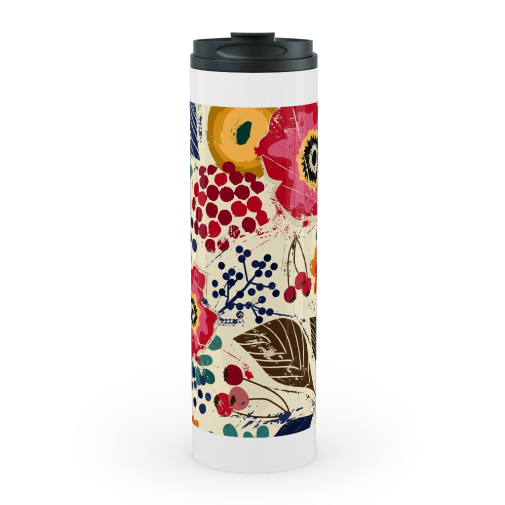 Botanical Block Print Stainless Mug, White,  , 20oz, Multicolor