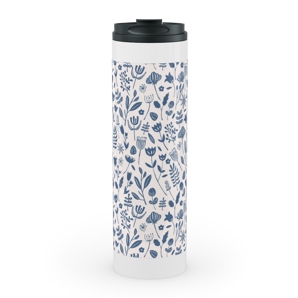 Folk Botanical Print - Blue Stainless Mug, White, , 20oz, Blue, True Blue