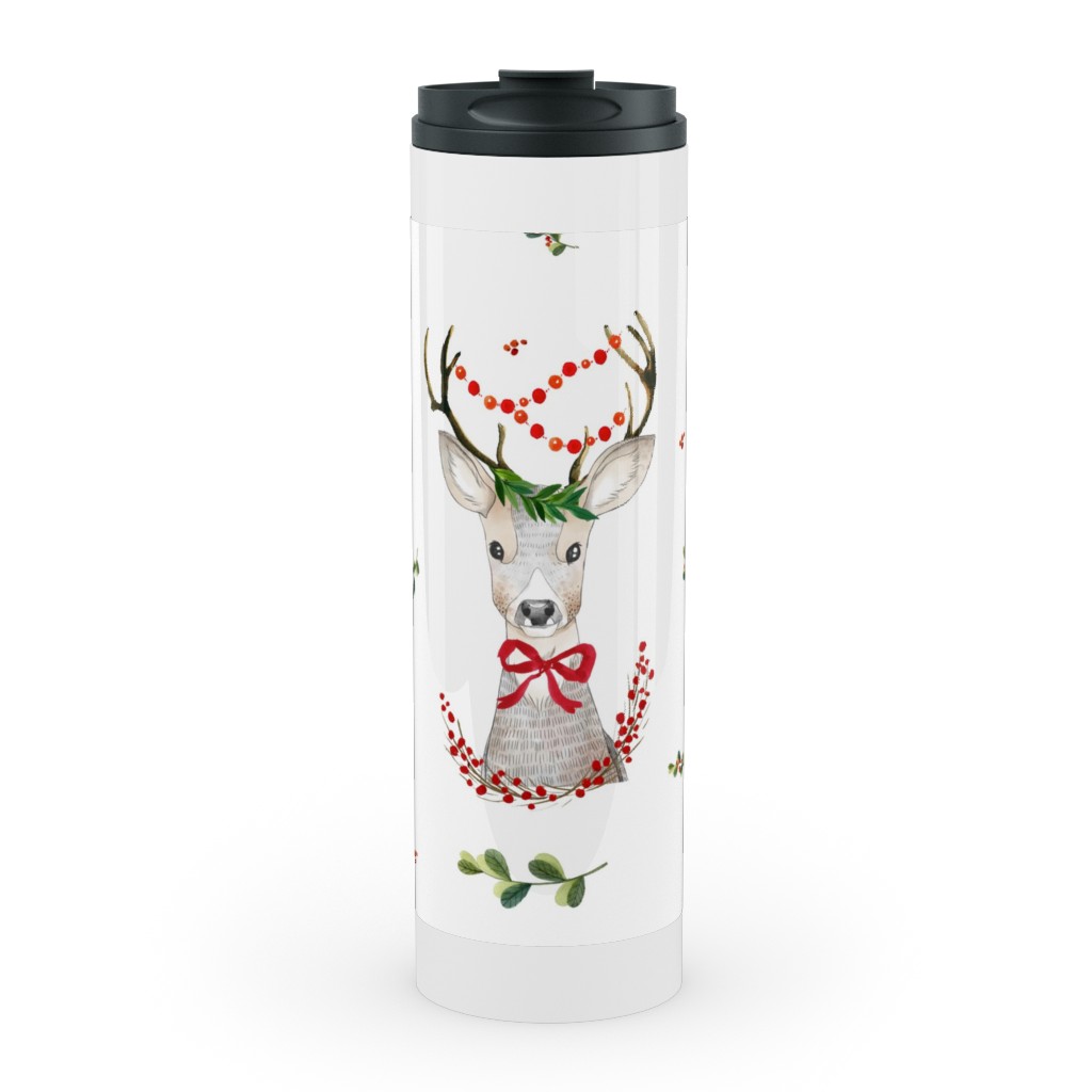 Holiday Fancy Deer With Holly Stainless Mug, White, , 20oz, Multicolor