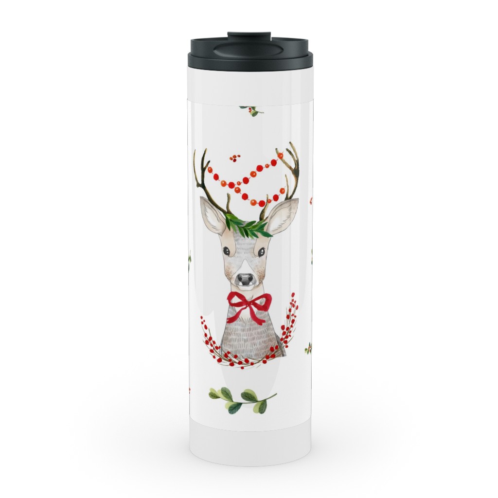 Holiday Fancy Deer With Holly Stainless Mug, White,  , 20oz, Multicolor